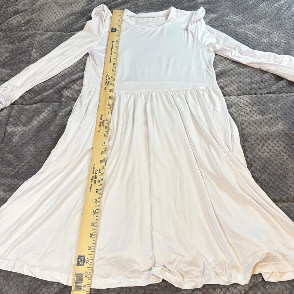 White Long Sleeve Maxi Dress Girls Ruffle Shoulder Elastic Cuff Crew Neck 33in